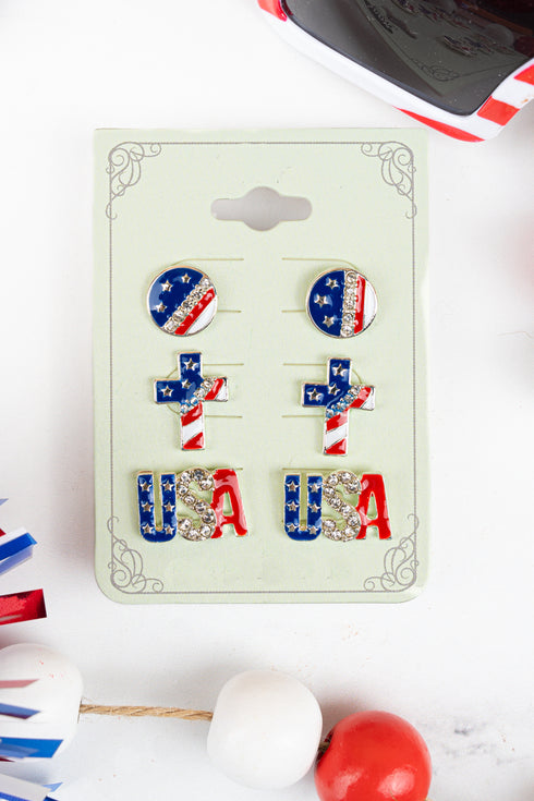 Patriotic USA, Disk, and Cross 3 Pair Earring Set