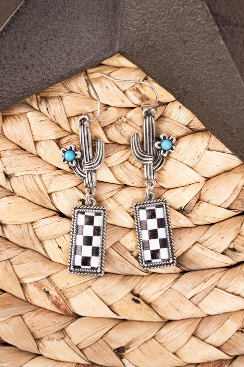 Black Checkerboard Turquoise Cactus Silvertone Earrings