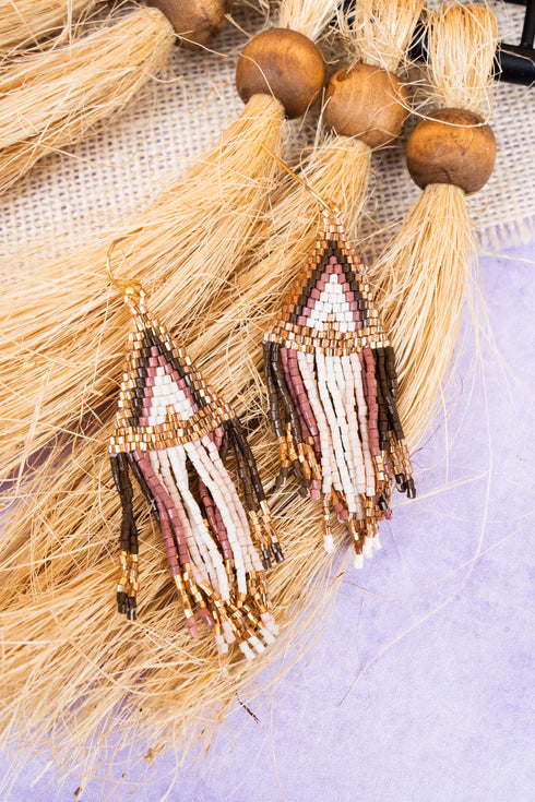 Bryce Canyon Brown Multi Seed Bead Fringe Earrings