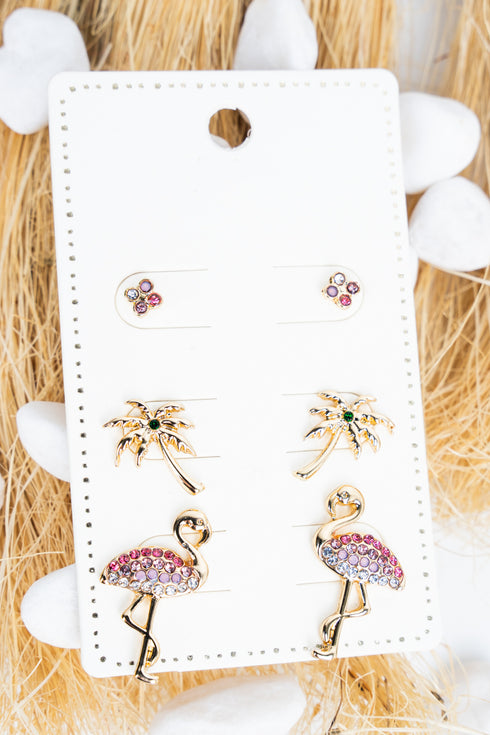 Tropical Vacation Goldtone Earrings 3 Pair Set