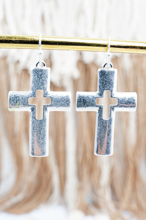 Blessed Path Worn Silvertone Cross Earrings
