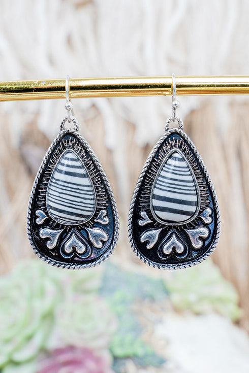 Black Sugarland Stripes Silvertone Teardrop Earrings