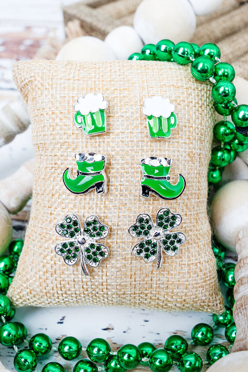 Lucky & Lit Green Stud Earrings 3 Pair Set