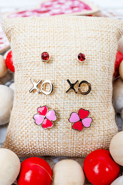Endless XO Red Stud Earrings 3 Pair Set