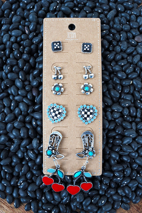 Cowgirl Cutie Silvertone Stud Earrings 6 Pair Set