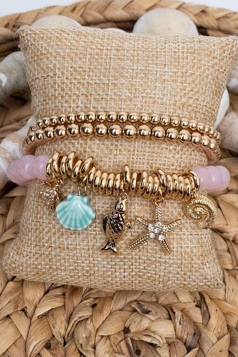 Sienna Shore Pink & Goldtone Beaded Charm Bracelet Set