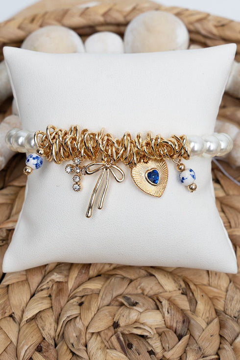 Blue Petals & Promises Pearl Charm Bracelet