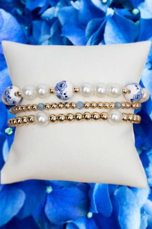 Blue Meadow Memories Pearl & Goldtone Beaded Bracelet Set