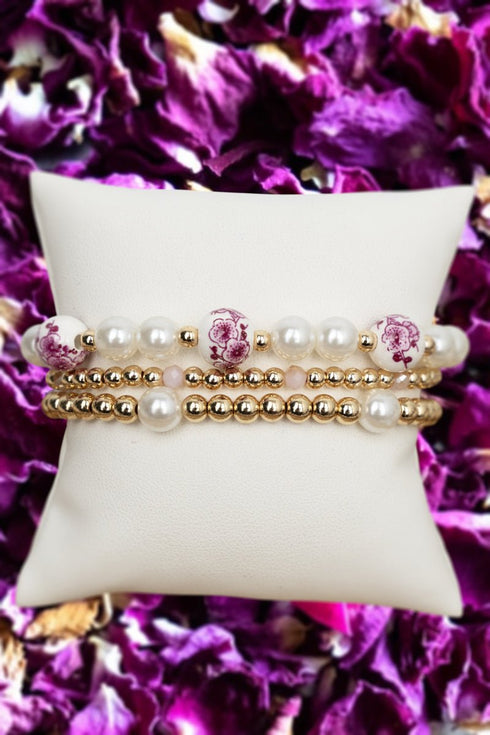 Pink Meadow Memories Pearl & Goldtone Beaded Bracelet Set