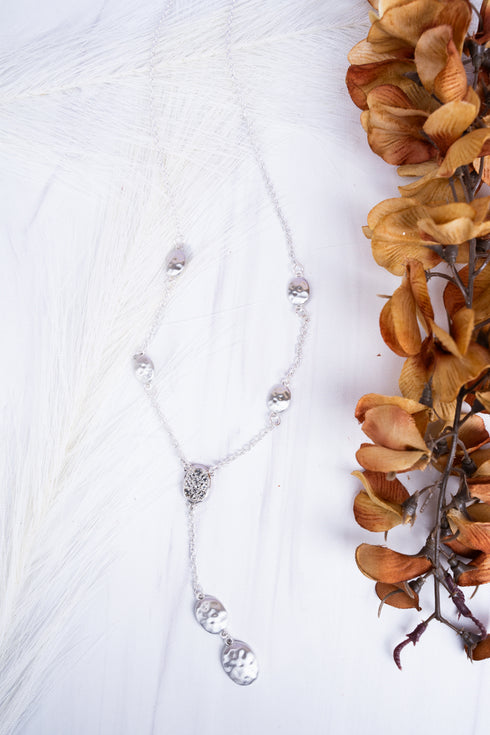 Hammered Silvertone and Crystal Y-Necklace