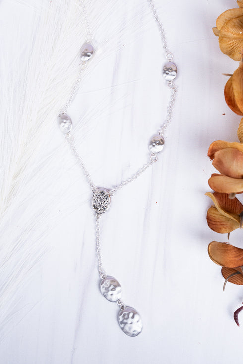 Hammered Silvertone and Crystal Y-Necklace