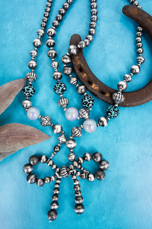 Turquoise Wild Frontier Silver Pearl Bow Layered Necklace