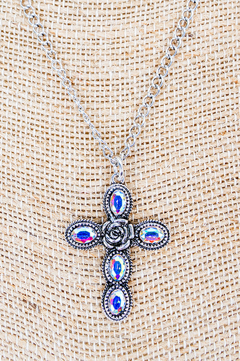 Iridescent Roseridge Cross Silvertone Necklace