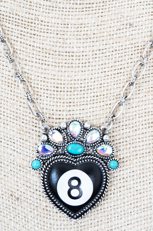 Rogue Shot Black 8 Ball Heart Silvertone Necklace
