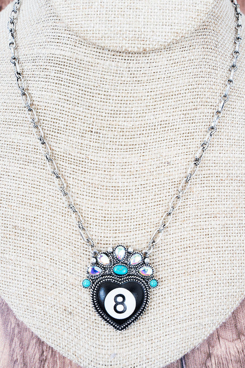 Rogue Shot Black 8 Ball Heart Silvertone Necklace