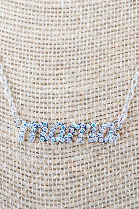 Iridescent Mama Script Silvertone Necklace