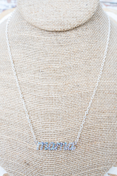 Iridescent Mama Script Silvertone Necklace