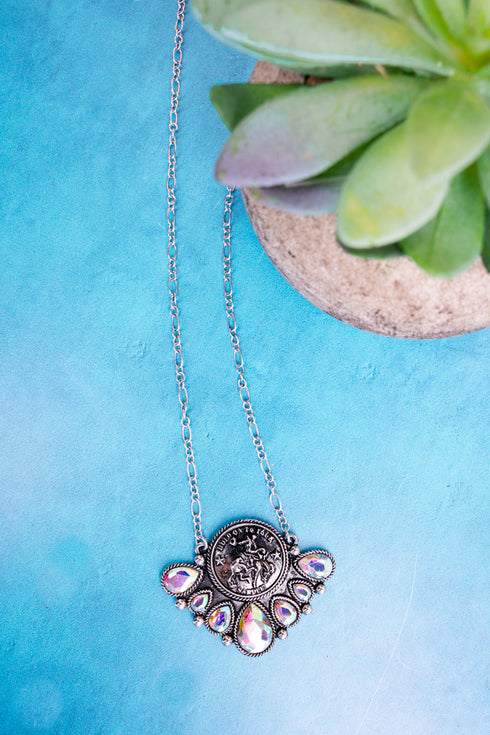 Iridescent 'Hold On To Your Saddle' Silvertone Necklace