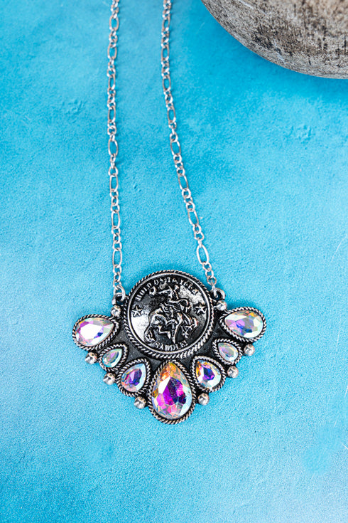 Iridescent 'Hold On To Your Saddle' Silvertone Necklace