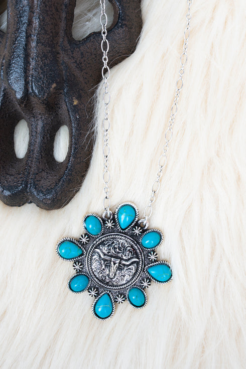 Turquoise Bronte Ridge Steer Silvertone Necklace