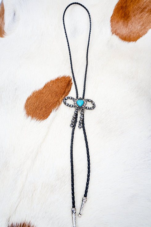 Turquoise & Silver Pearl Bowline Beauty Bolo Tie Necklace