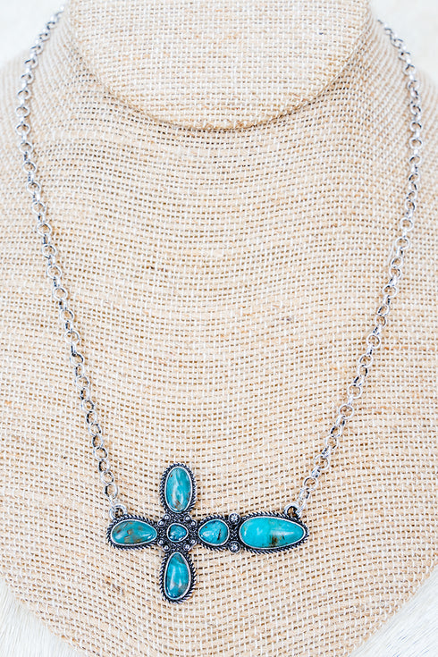 Turquoise Canyonflare Cross Silvertone Necklace