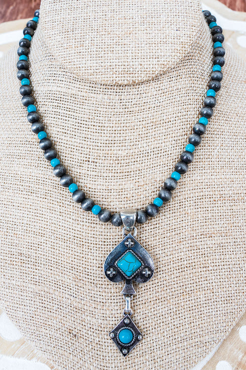 Turquoise Wild Gambit Silver Pearl Necklace