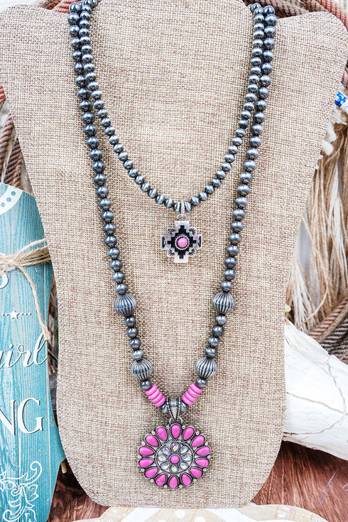 Pink Bloomfire Mesa Layered Silver Pearl Necklace