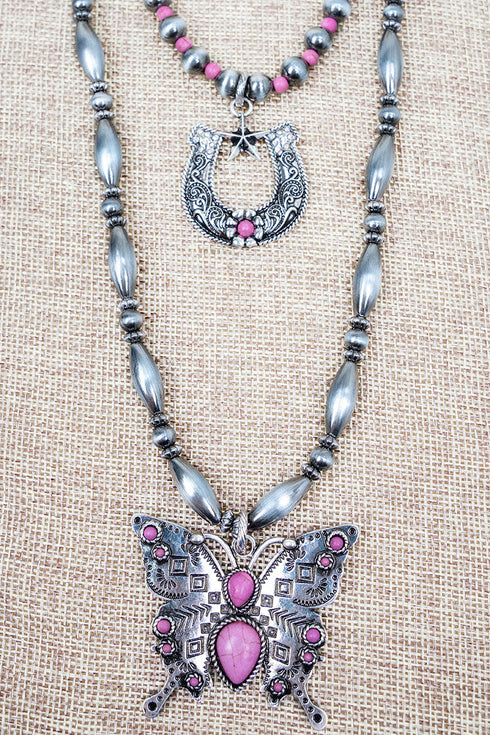 Pink Frontier Flutter Silver Pearl Layered Necklace