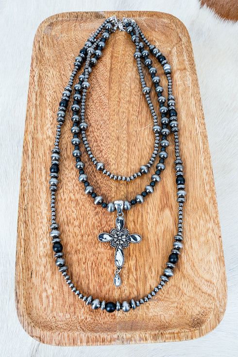 White & Black Lila Layered Silver Pearl Cross Necklace