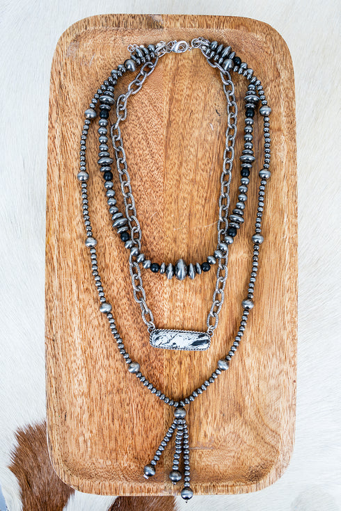 White & Black Monroe Layered Silver Pearl Necklace