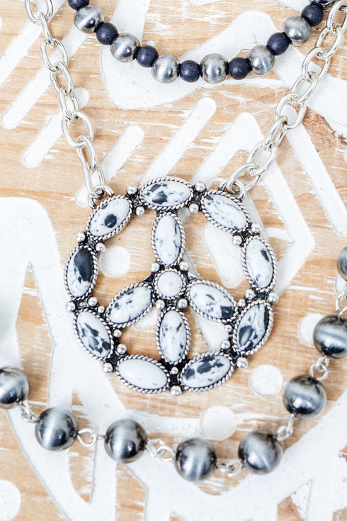 Howlite Pueblo Peace Layered Silver Pearl Necklace