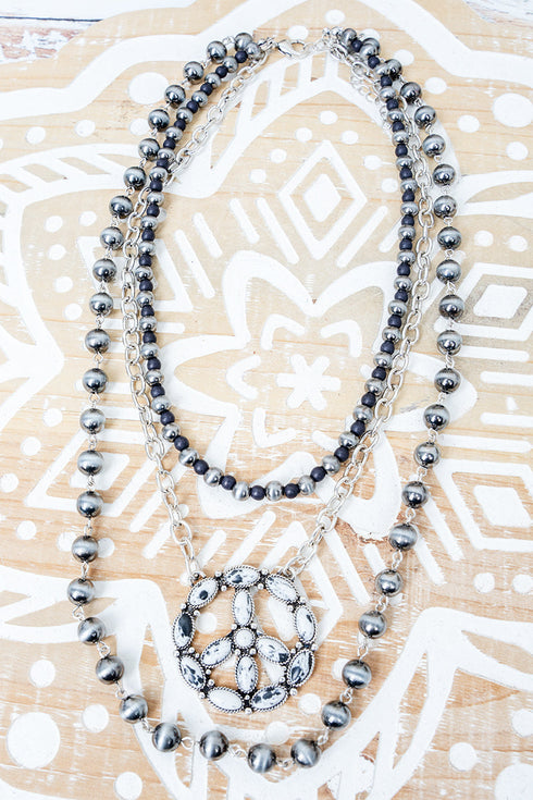 Howlite Pueblo Peace Layered Silver Pearl Necklace