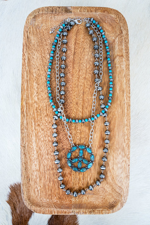 Turquoise Pueblo Peace Layered Silver Pearl Necklace