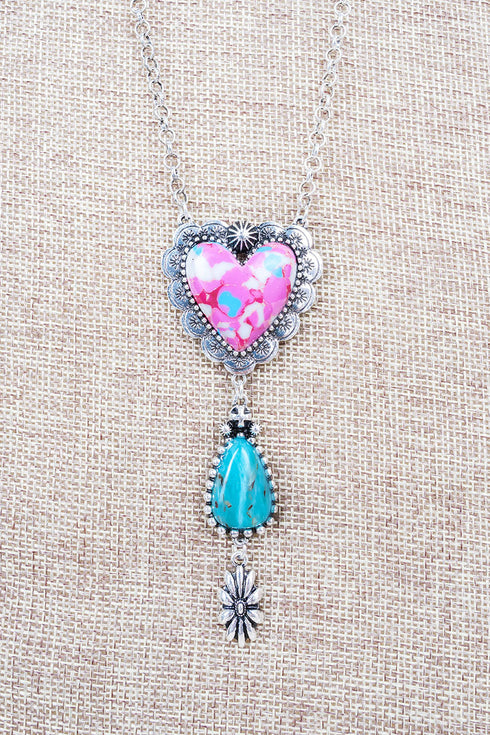 Pink Prairie Dawn Heart Silvertone Necklace