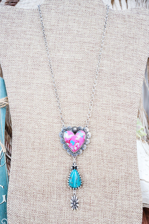 Pink Prairie Dawn Heart Silvertone Necklace