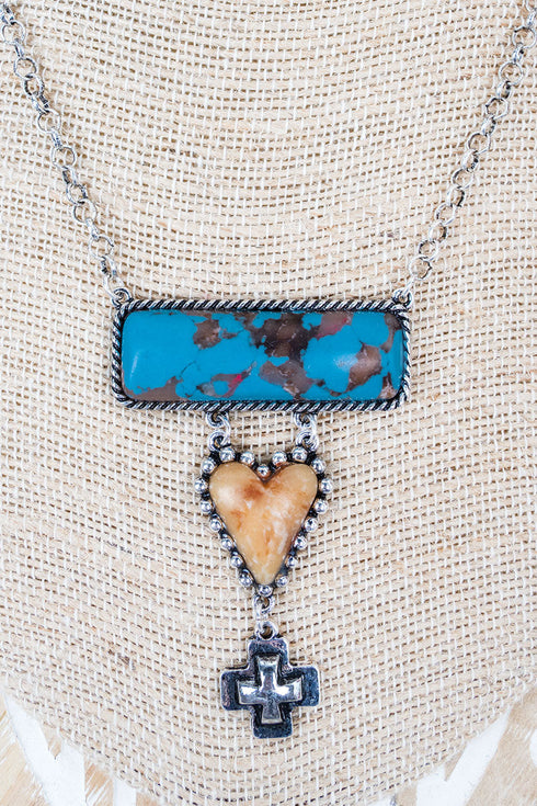 Brown & Blue Prairie Dawn Bar Silvertone Necklace