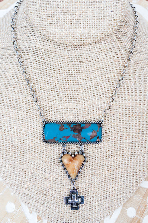 Brown & Blue Prairie Dawn Bar Silvertone Necklace