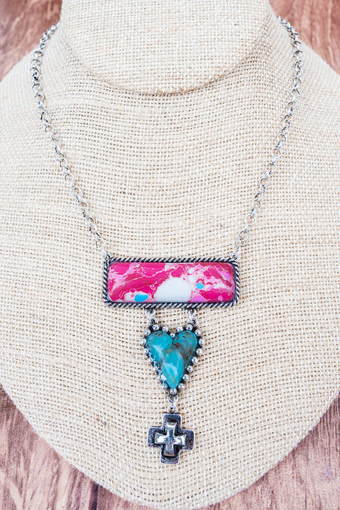 Pink Prairie Dawn Bar Silvertone Necklace