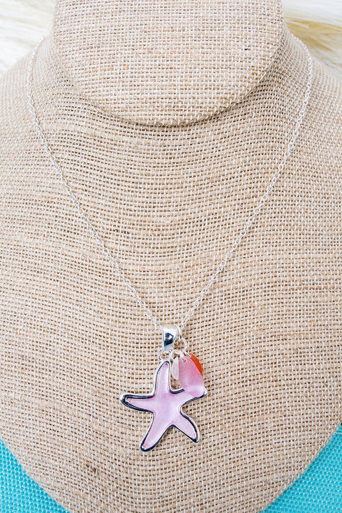 Sunlit Seas Pink Starfish Silvertone Necklace