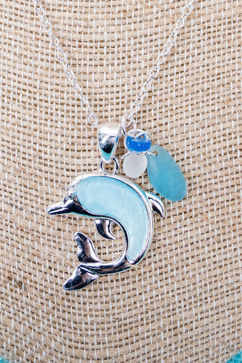 Sunlit Seas Blue Dolphin Silvertone Necklace
