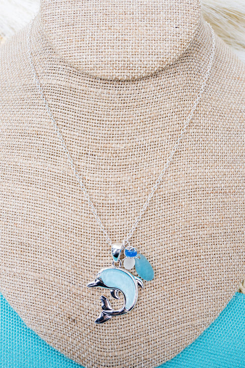 Sunlit Seas Blue Dolphin Silvertone Necklace