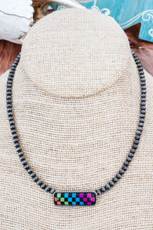 Prism Check Bar Silver Pearl Choker