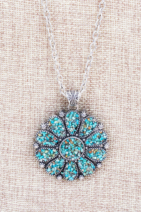 Turquoise Flintrock Sun Silvertone Necklace