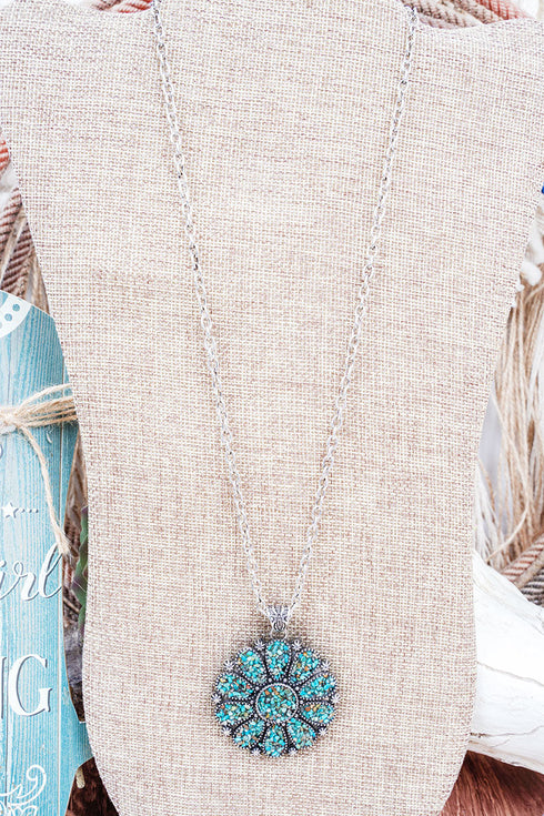 Turquoise Flintrock Sun Silvertone Necklace