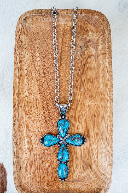 Turquoise Mesa Forge Cross Silvertone Necklace