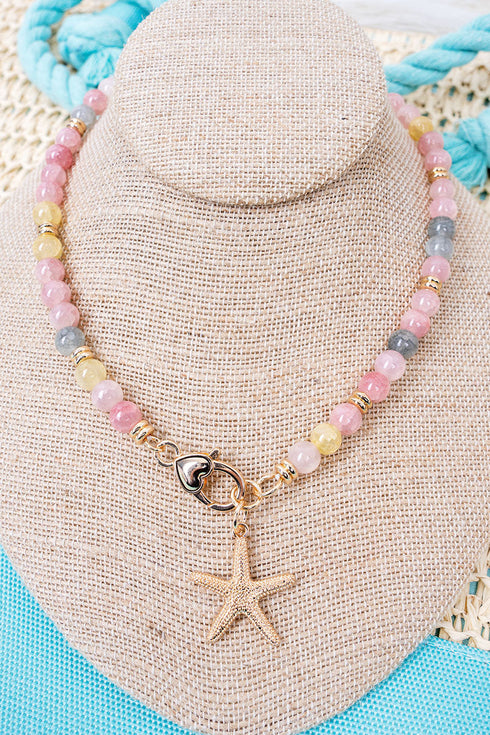 Ocean Calling Starfish Pink Multi Beaded Goldtone Necklace