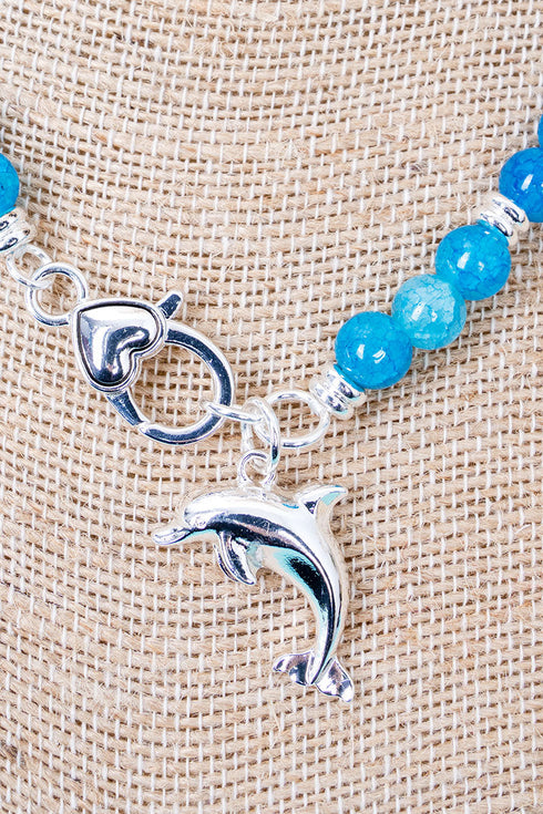 Ocean Calling Dolphin Blue Beaded Silvertone Necklace