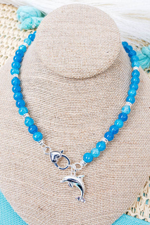 Ocean Calling Dolphin Blue Beaded Silvertone Necklace