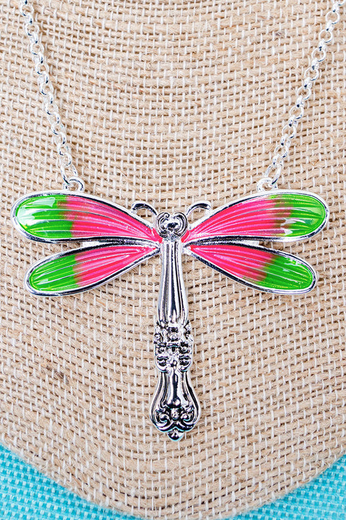 Garden Heirloom Pink Dragonfly Silvertone Spoon Necklace